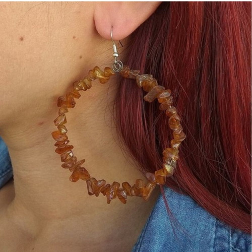 Large Handmade Earrings with Brown Semi-Precious Stone Chips