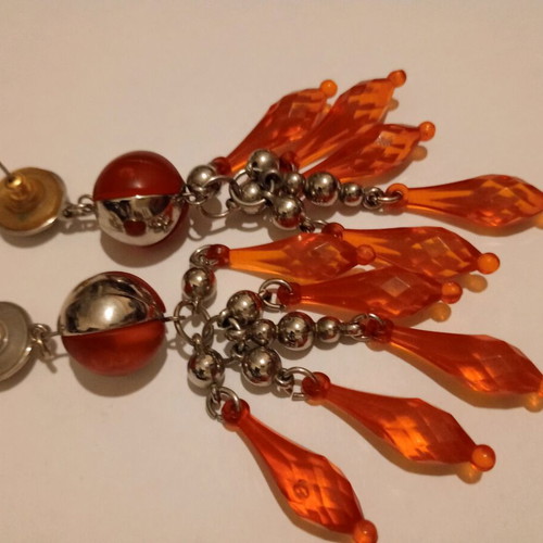 '90s Vintage Long Earrings Used, Orange and Gold Colors