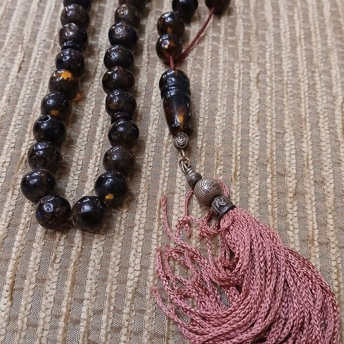 Amber Worry Beads used, Baltic amber, silver elements, 33 beads