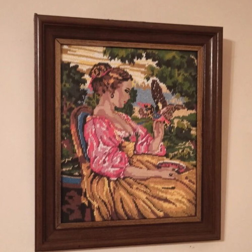 Vintage handmade gobelin embroidery in solid walnut frame 42x50