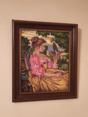 Vintage handmade gobelin embroidery in solid walnut frame 42x50