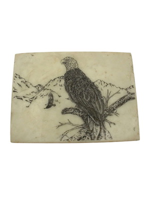 Vintage hand-engraved marble plaque with eagle and mountain landscape