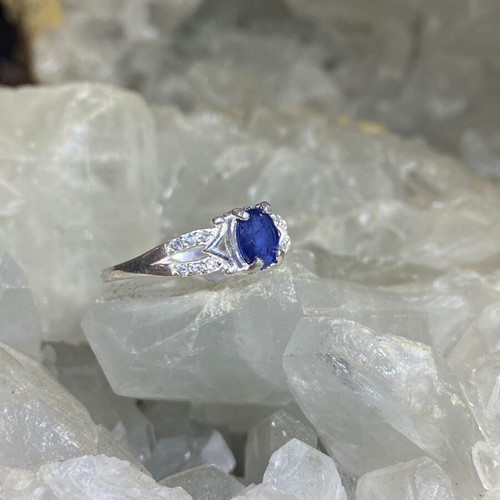 Handmade silver ring with natural blue sapphire and moissanites size 8