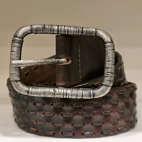 Galliano men's brown leather belt used, silver buckle, size 95 cm