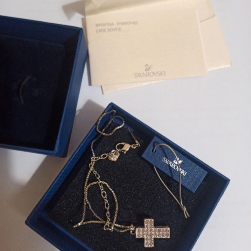 Swarovski necklace with cross and crystals, new, pink and gold