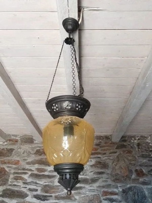 Ceiling lights like new with chain, yellow and green glass