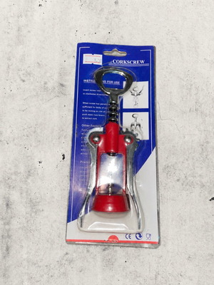 Wine corkscrew with levers and bottle opener, red detail