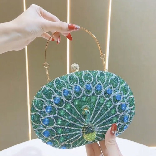 Rhinestone Peacock Evening Clutch with Green and Blue Crystals