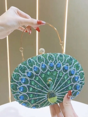 Rhinestone Peacock Evening Clutch with Green and Blue Crystals