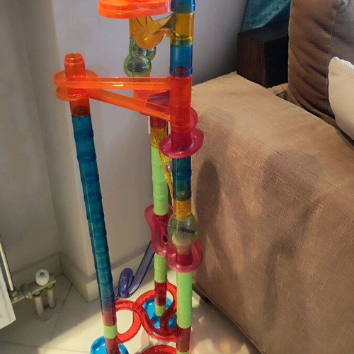 Marble run toy used, assembly game with 10 marbles