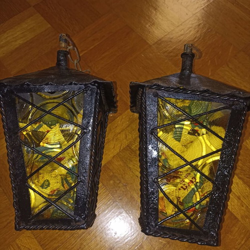 Metal outdoor and indoor lamps with yellow glass, set of 2