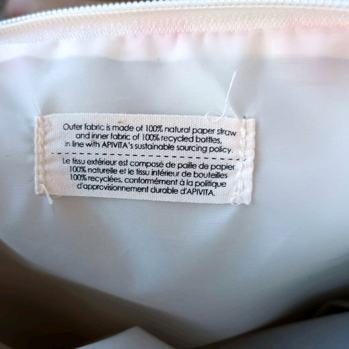 Summer toiletry bag used striped with embroidered Bee Sun Safe phrase