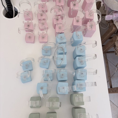 Wooden watch display stands used, set of 42 pieces with plastic clips