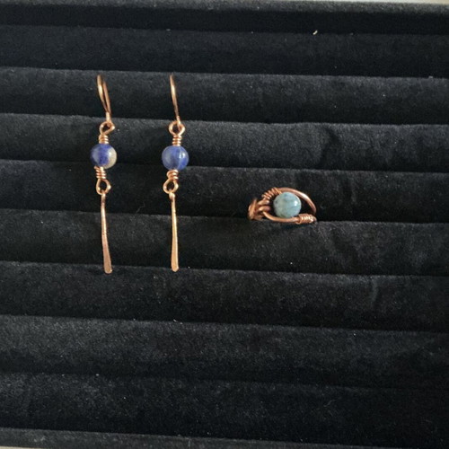 Copper and lapis lazuli handmade jewelry set with ring and earrings
