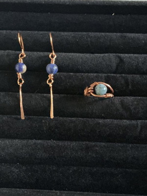 Copper and lapis lazuli handmade jewelry set with ring and earrings