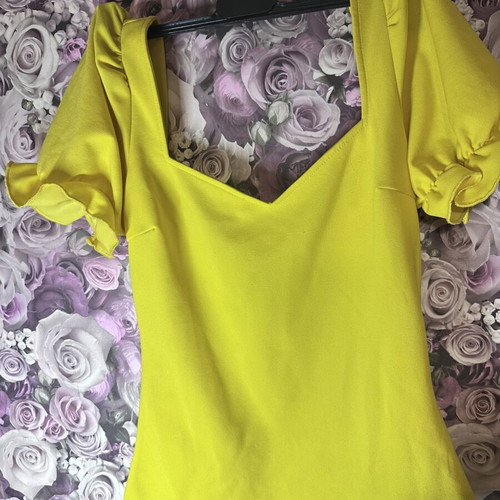Shein yellow blouse with V neckline and ruched sleeves