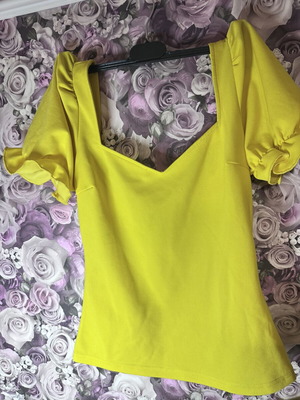 Shein yellow blouse with V neckline and ruched sleeves