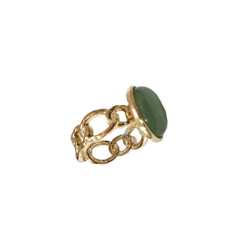 Vintage style ring with natural jade, new, gold plated metal