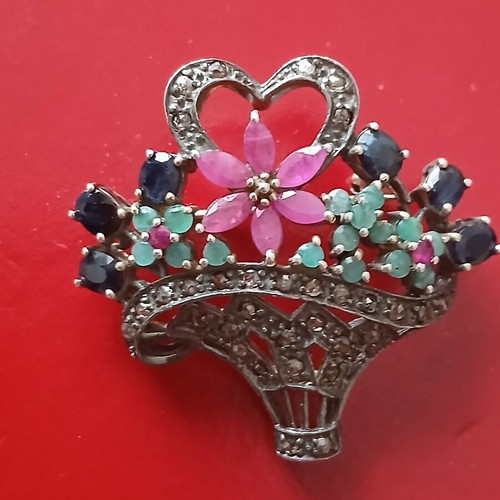 Large brooch with diamonds, sapphires, rubies and emeralds, 14K gold and silver