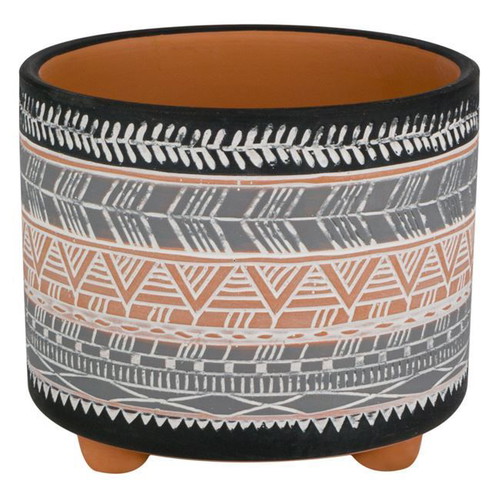 Ceramic round flowerpot gray black with embossed ethnic design new