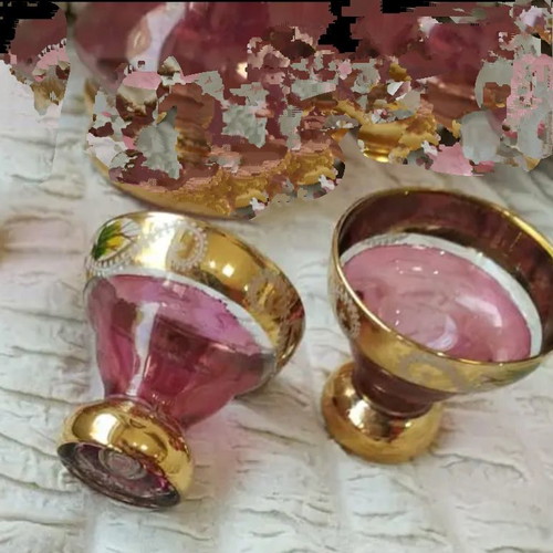Vintage glasses used, set of 2, pink and gold