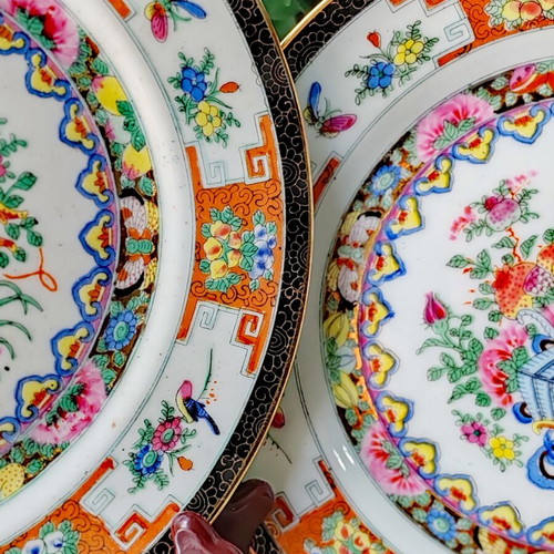 Famille Rose vintage Chinese porcelain plates, set of 2