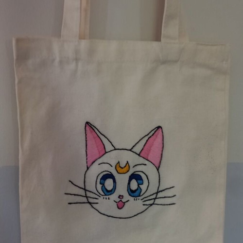 Handmade shoulder bag with Sailor Moon Artemis embroidery, new, beige