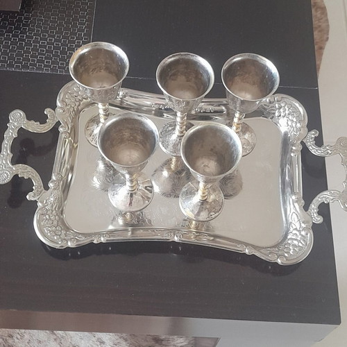 Vintage silver-plated tray with 5 liqueur glasses