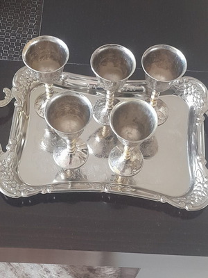 Vintage silver-plated tray with 5 liqueur glasses
