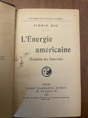Firmin Roz L’Energie Americaine βιβλίο μεταχειρισμένο, γαλλική έκδοση 1918