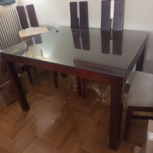 Wooden dining set with six fabric chairs, beige