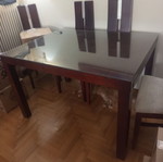 Wooden dining set with six fabric chairs, beige