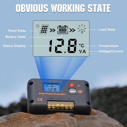 30A Solar Charge Controller 12/24V PWM with Bluetooth and 2 USB Ports