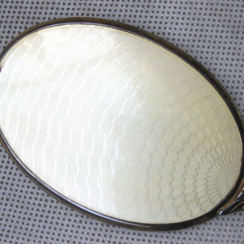 Hand mirror used, enamel and bijouterie