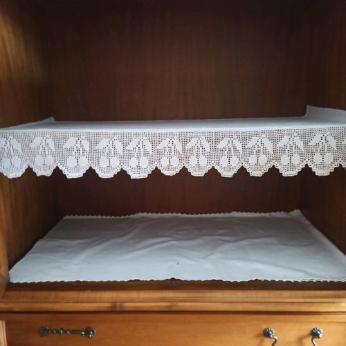 Knitted lace on fabric for buffet shelf like new