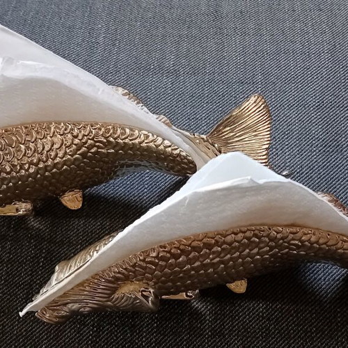 Set of 2 vintage silver-plated Koi fish paper menu napkin holders like new