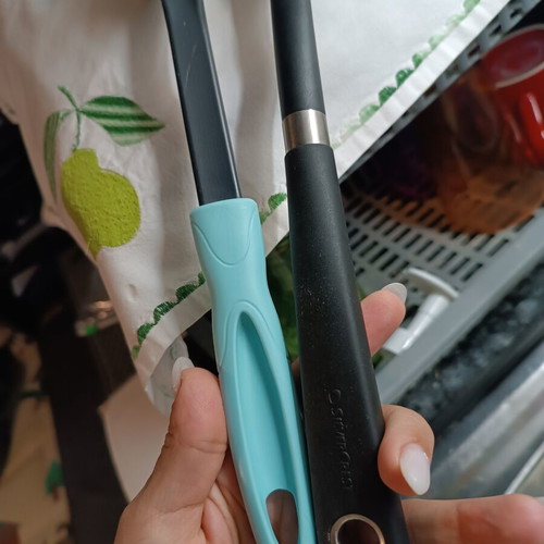 Kitchen serving utensils set like new, black plastic with turquoise handle