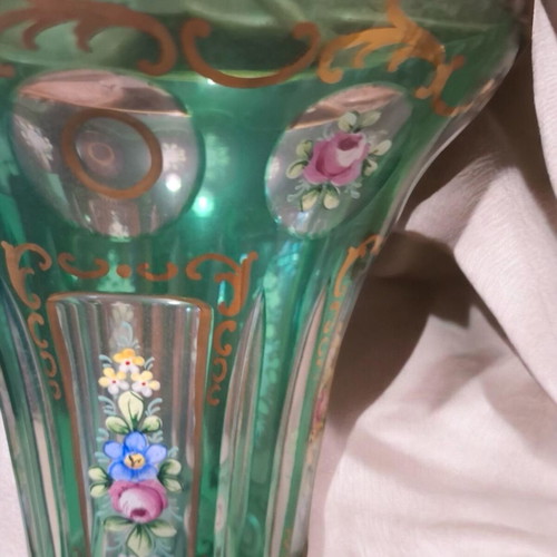 Bohemian crystal vase in emerald green with painted flowers like new, 35cm