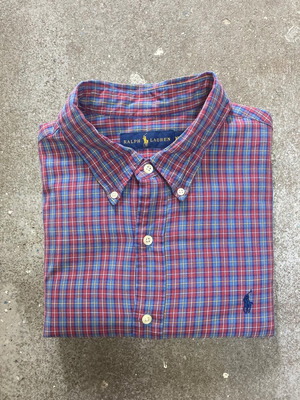 Ralph Lauren Oxford long sleeve shirt XL, red green checked, navy pony