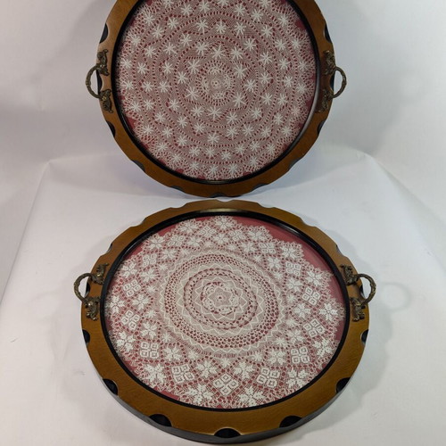 Traditional wooden trays with embroidery and glass used, set of 2, 35cm
