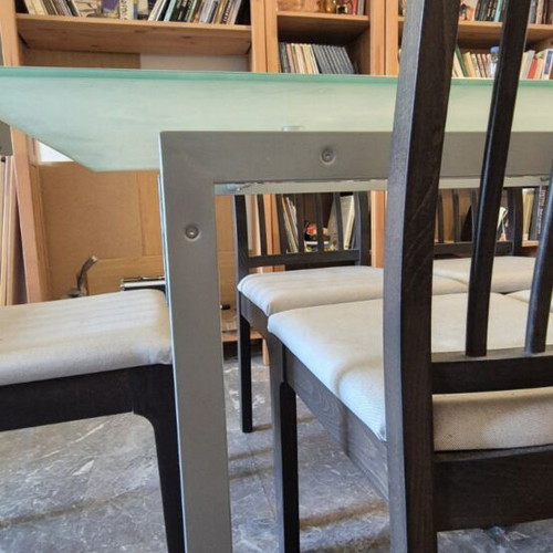 Dining set with six chairs like new, glass aluminum table Sato from IKEA