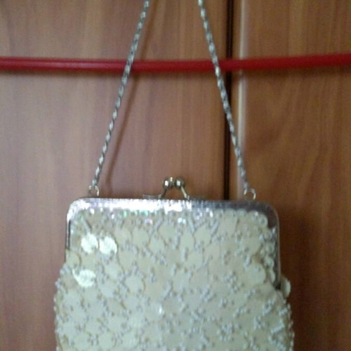 Handmade vintage bag used with chain, embroidered leaves and beads