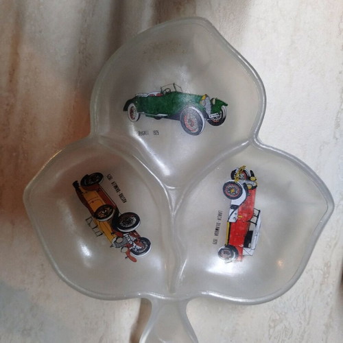 Vintage nut dish used, matte glass with 1925-1929 car illustrations