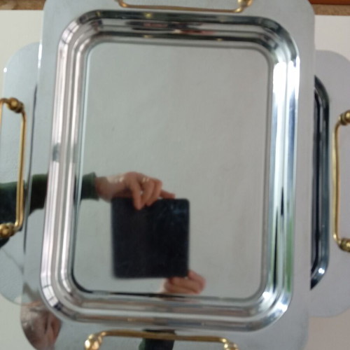 Serving trays like new, pack of 8, inox with gold handles 31x42 cm