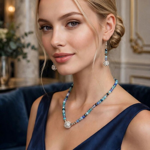 Handmade blue crystal beaded jewelry set, elegant necklace and earrings