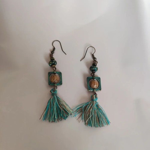 Vintage Style Boho Earrings New with Turquoise Tassels and Geometric Elements