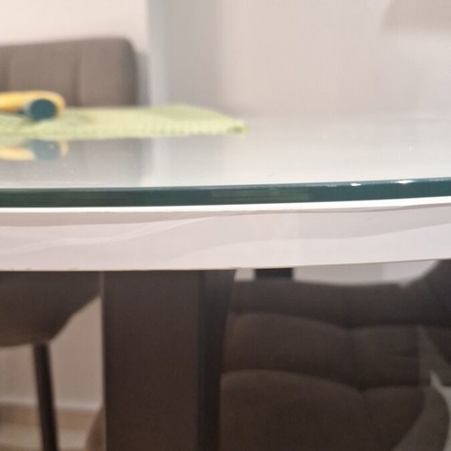 Ikea dining table with Italian grey chairs used, customised glass top, 6-8 seats