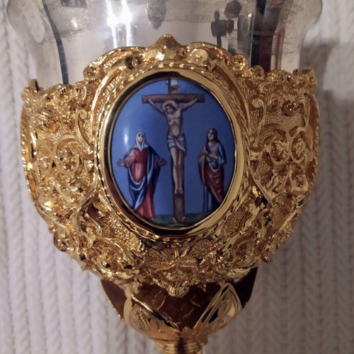 Large gilded chalice like new with enamel and carved decoration
