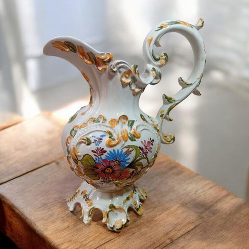 Bassano Italy ceramic jug vase with hand painted floral Rococo design