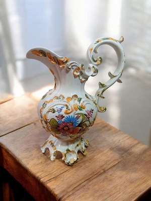 Vintage Bassano Italy ceramic jug hand painted Rococo style like new
